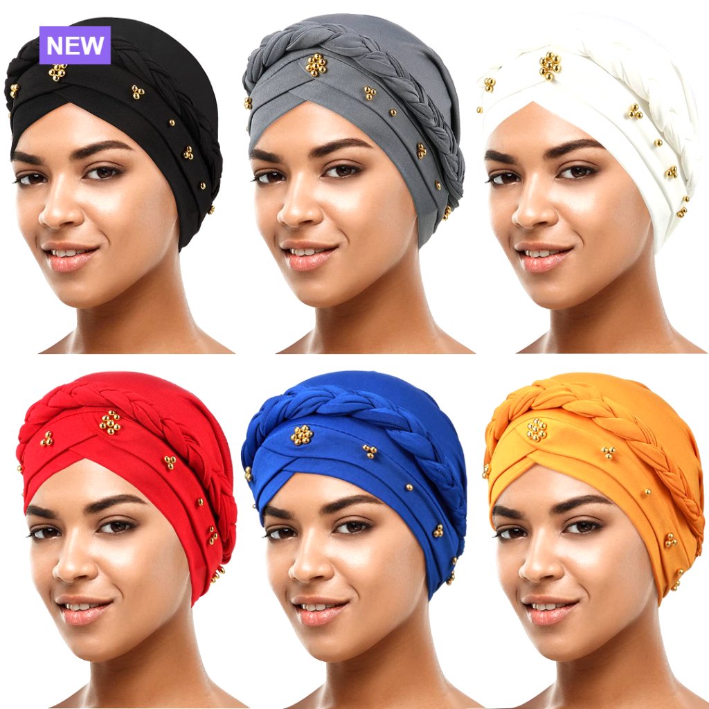 6 Piece Polyester Turban Head Wraps With Faux Pearl Beanie Wrap